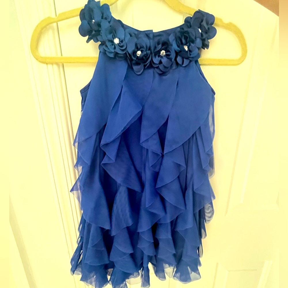 Girls royal blue dressy/casual fully ruffled dress with floral collar